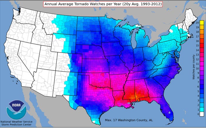 Heatmap showing tornado frequency in the U.S.